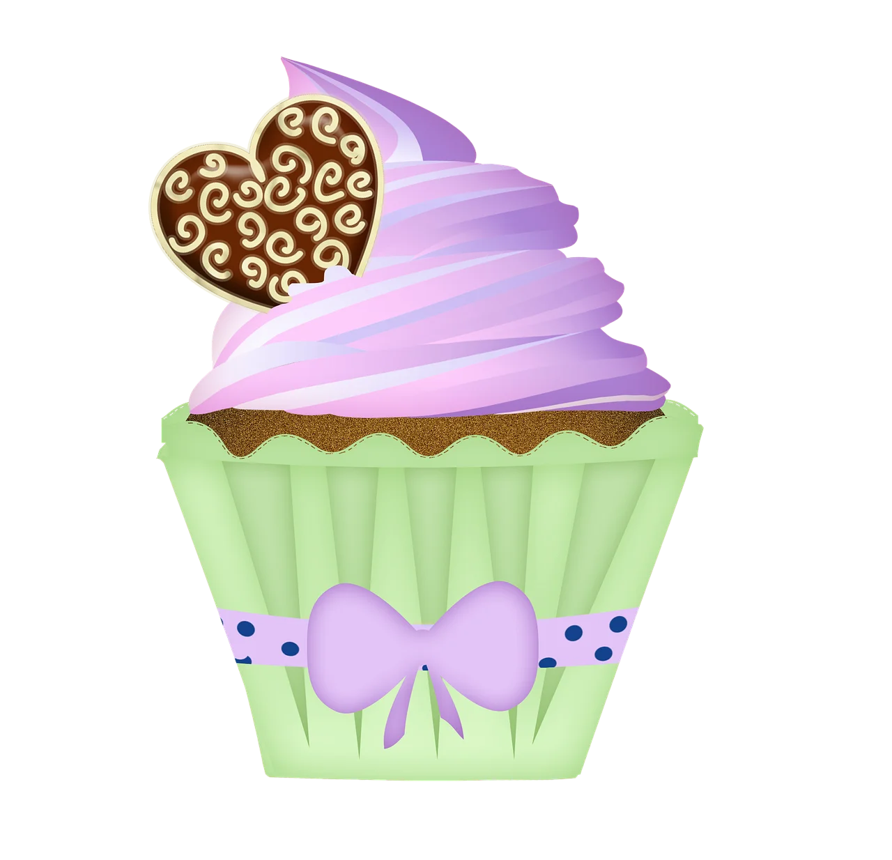 Whimsical Pastel Green and Purple Heart-Topped Cupcake Clipart Design