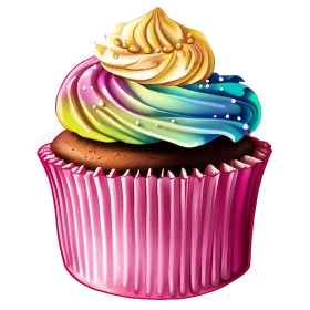 Whimsical Rainbow Swirl Cupcake Clipart with Golden Frosted Peak