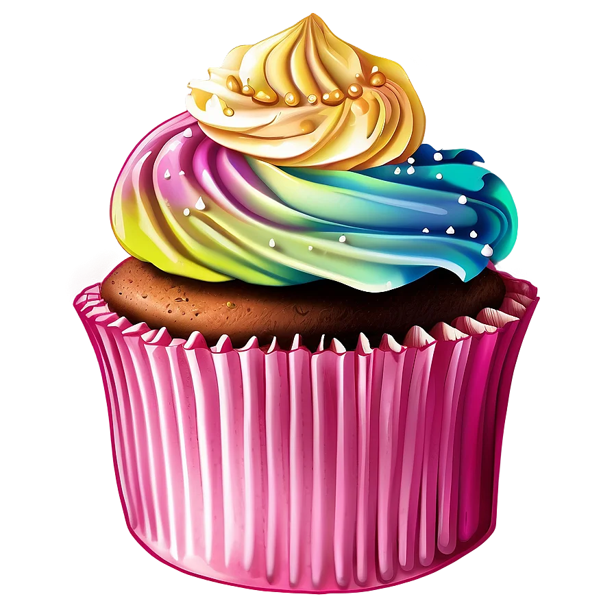Whimsical Rainbow Swirl Cupcake Clipart with Golden Frosted Peak