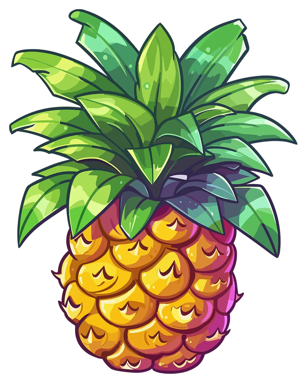 Cheerful Cartoon Pineapple Clipart with Lush Green Leaves and Sunny Color Palette
