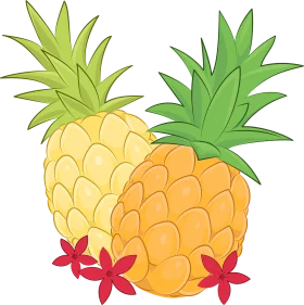 Cheerful Tropical Pineapples and Red Blossoms Exotic Fruit Clipart Illustration