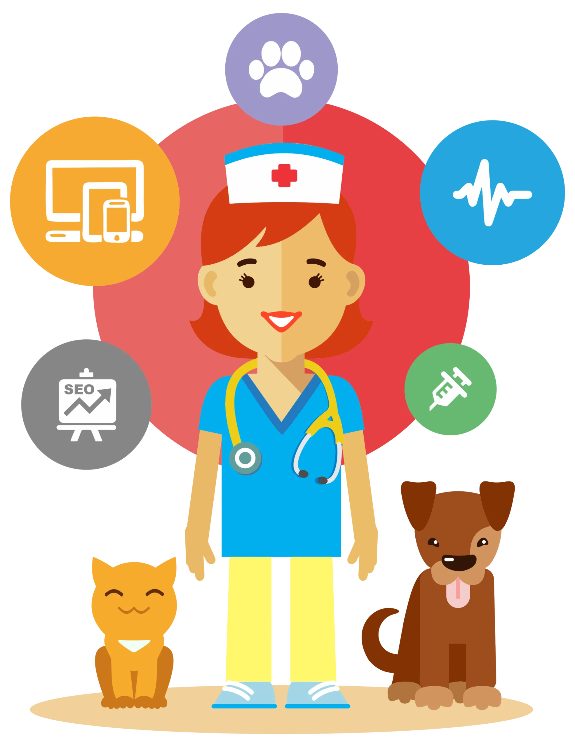 Cheerful Veterinary Nurse Clipart Illustration with Animal Care Symbols