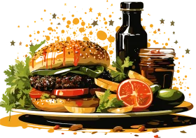 Delectable Gourmet Burger Clipart with Citrus and Herb Accents