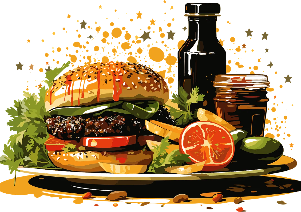 Delectable Gourmet Burger Clipart with Citrus and Herb Accents
