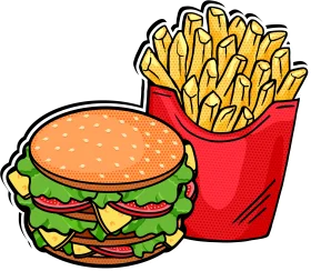 Delicious Cheeseburger and Golden French Fries Cartoon Clipart Illustration