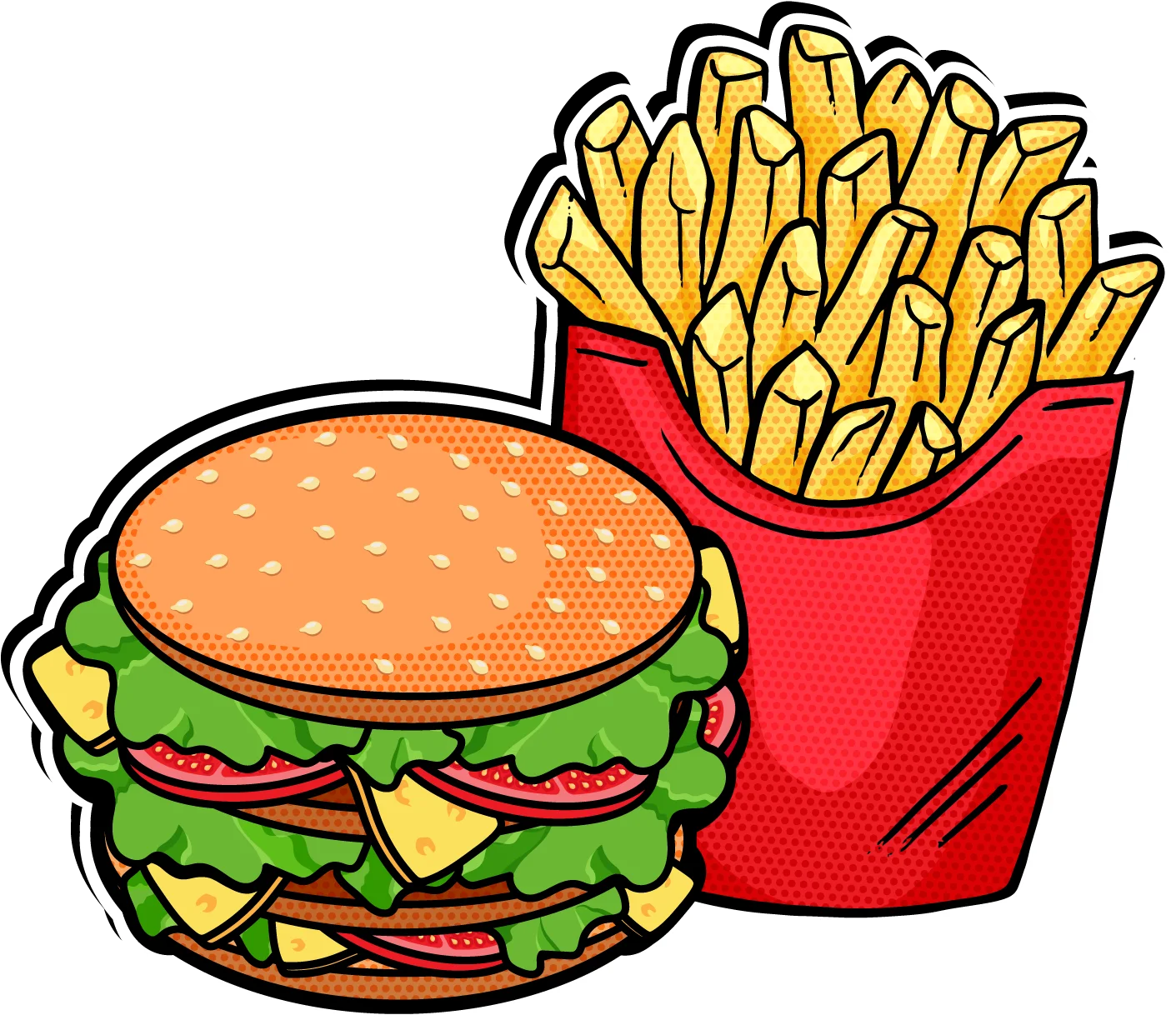 Delicious Cheeseburger and Golden French Fries Cartoon Clipart Illustration