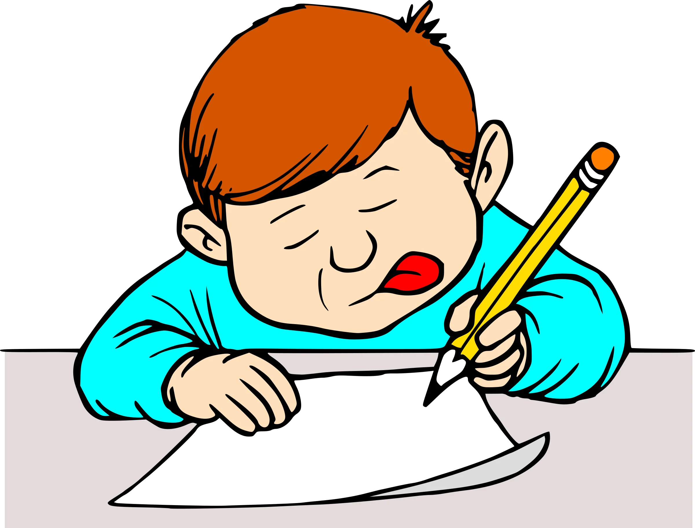 Focused Young Student Diligently Writing on Paper with Pencil Clipart Illustration