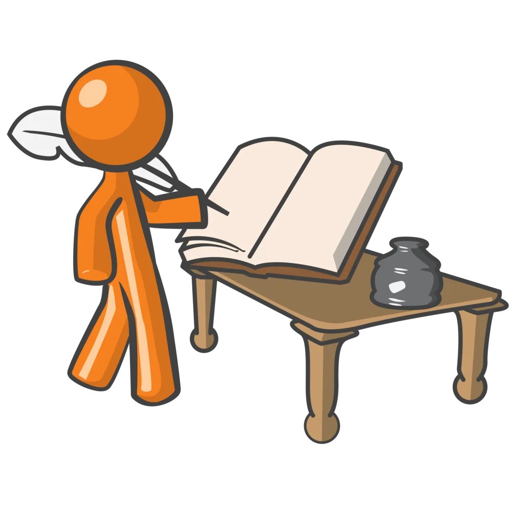 Orange Silhouette Writer Crafting Ideas Near Open Book Clipart Illustration
