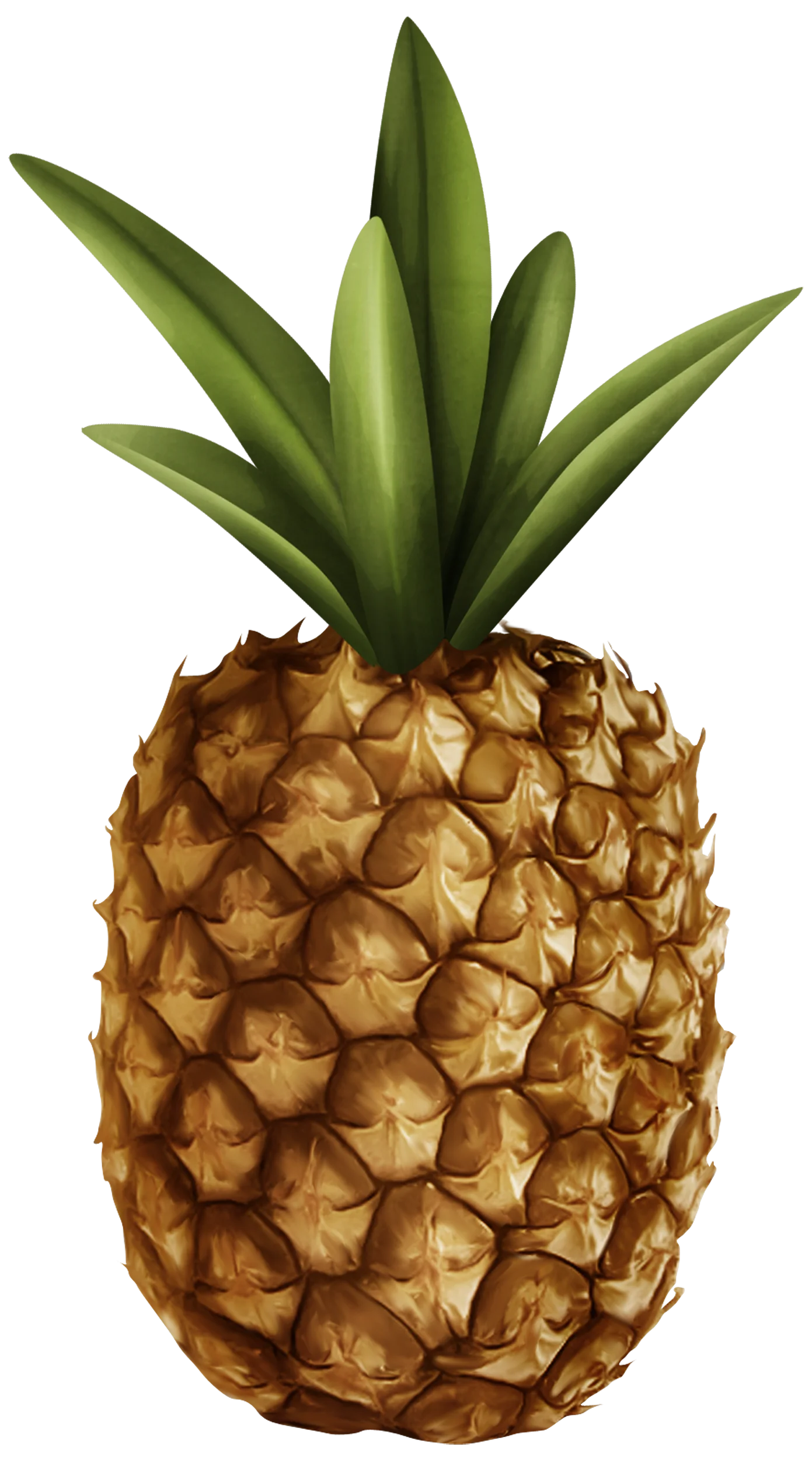 Realistic Golden-Brown Pineapple Tropical Fruit Clipart with Lush Green Leaves