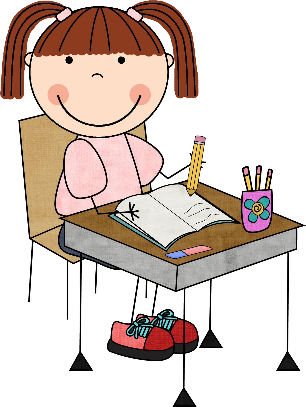 School Girl Engaged in Writing Task at Classroom Desk Cartoon Clipart