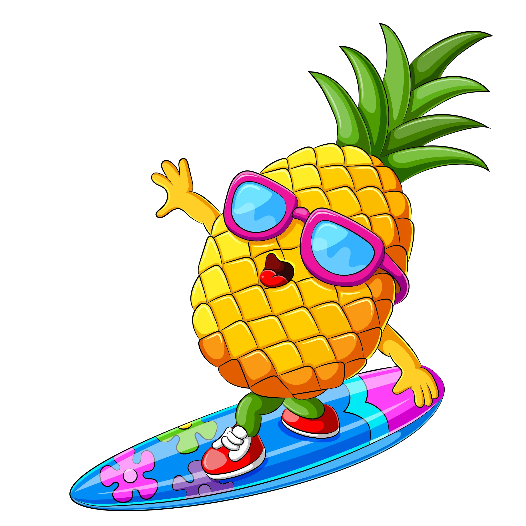 Tropical Summer Fun: Cool Pineapple Surfing Clipart Adventure with Sunglasses