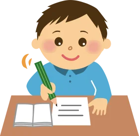 Young Student Diligently Writing and Studying with Green Pencil Clipart Illustration