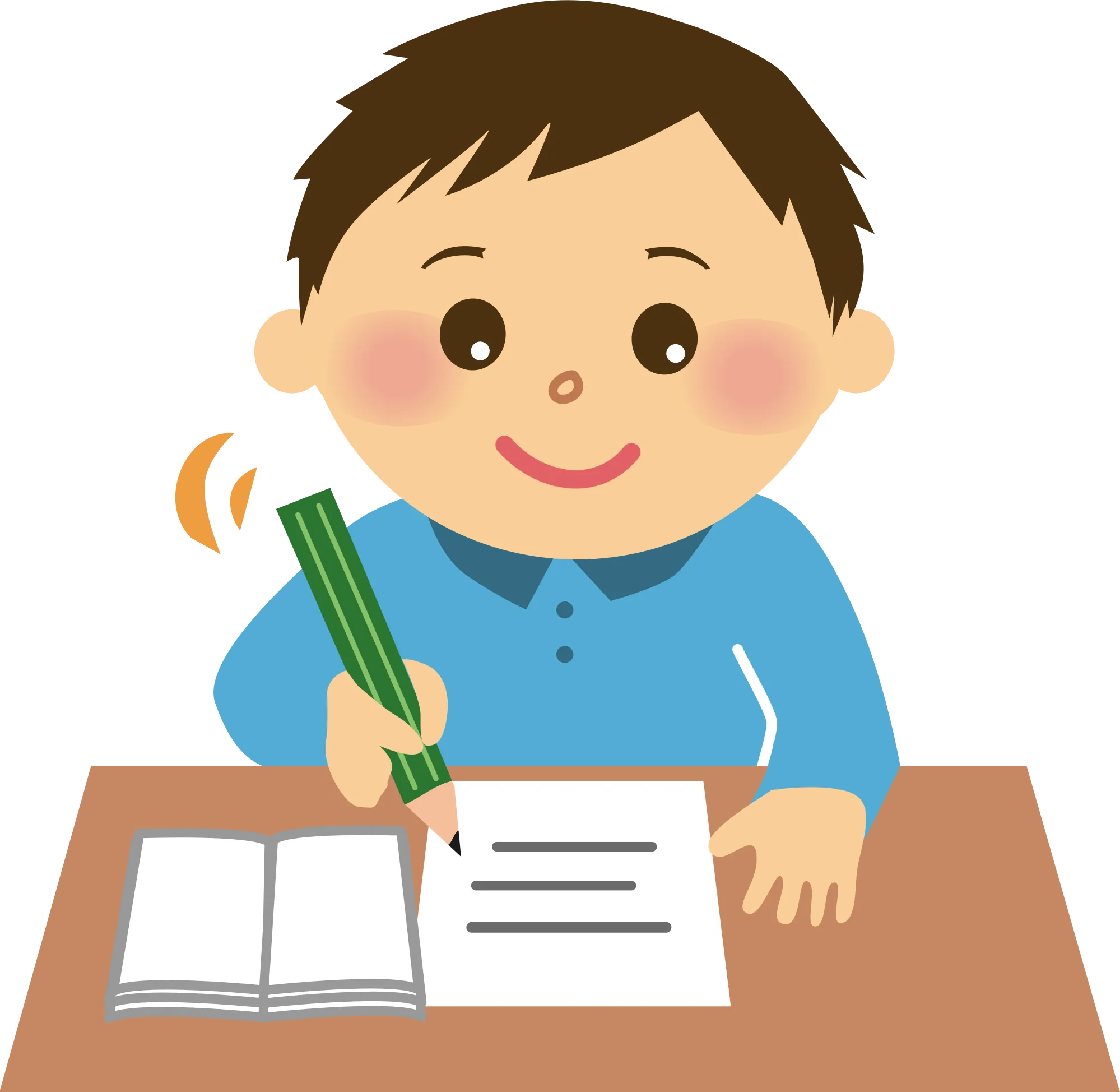 Young Student Diligently Writing and Studying with Green Pencil Clipart Illustration