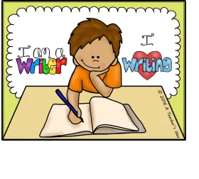 Young Student Enthusiastically Engaged in Writing Clipart Illustration