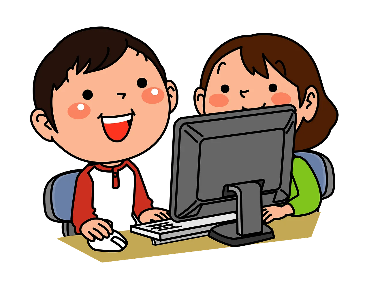 Cheerful Kids Enjoying Computer Time Together - Playful Learning Clipart Illustration