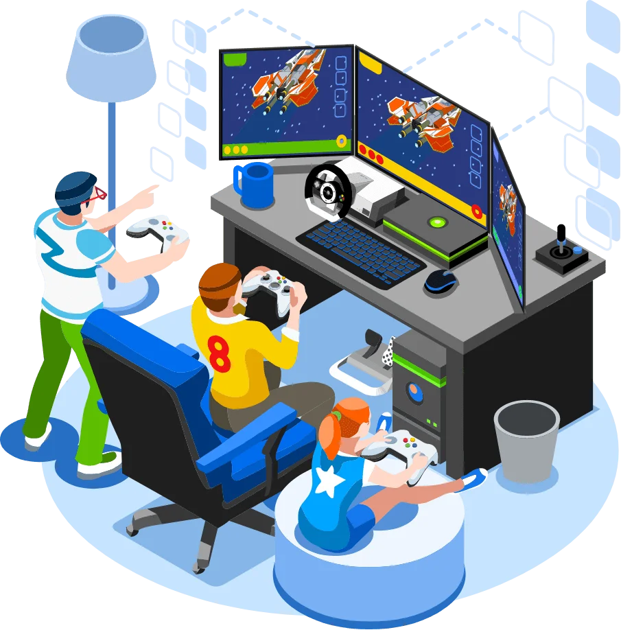 Immersive Multiplayer Gaming Scene: Dynamic Clipart of Digital Entertainment