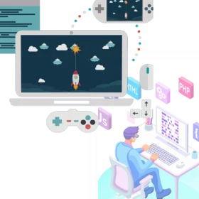 Playful Digital Workspace Clipart Showcasing Game Development and Technology