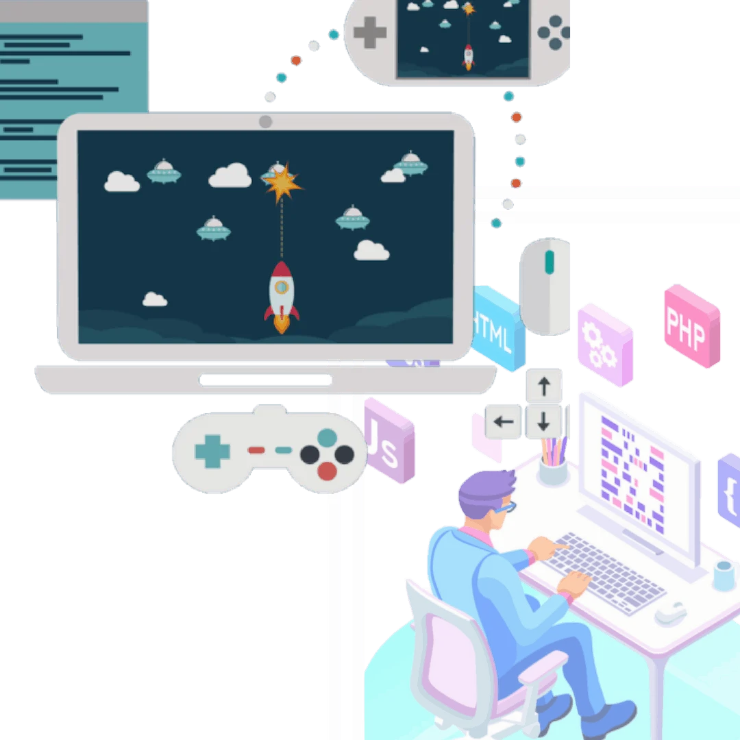 Playful Digital Workspace Clipart Showcasing Game Development and Technology