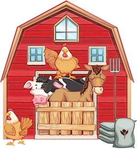 Charming Farm Animals Gathering in Front of a Rustic Red Barn Clipart Illustration