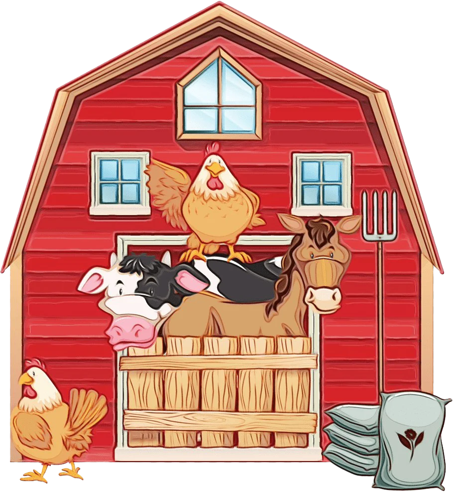 Charming Farm Animals Gathering in Front of a Rustic Red Barn Clipart Illustration