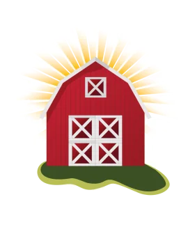 Classic Red Barn Clipart with Sunshine Rays on Pastoral Green Ground