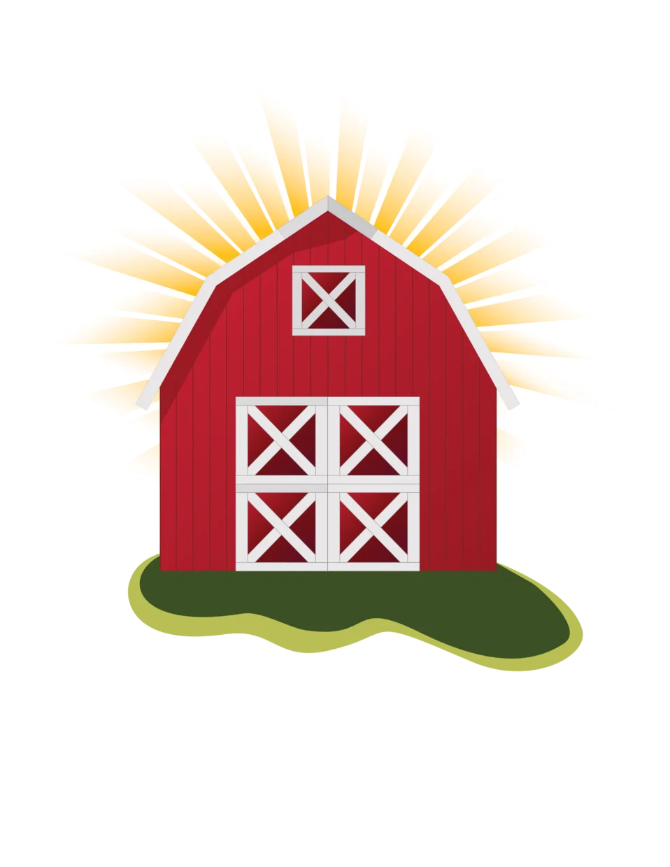 Classic Red Barn Clipart with Sunshine Rays on Pastoral Green Ground