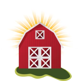 Classic Red Countryside Barn Clipart with Sunshine and Grassy Landscape