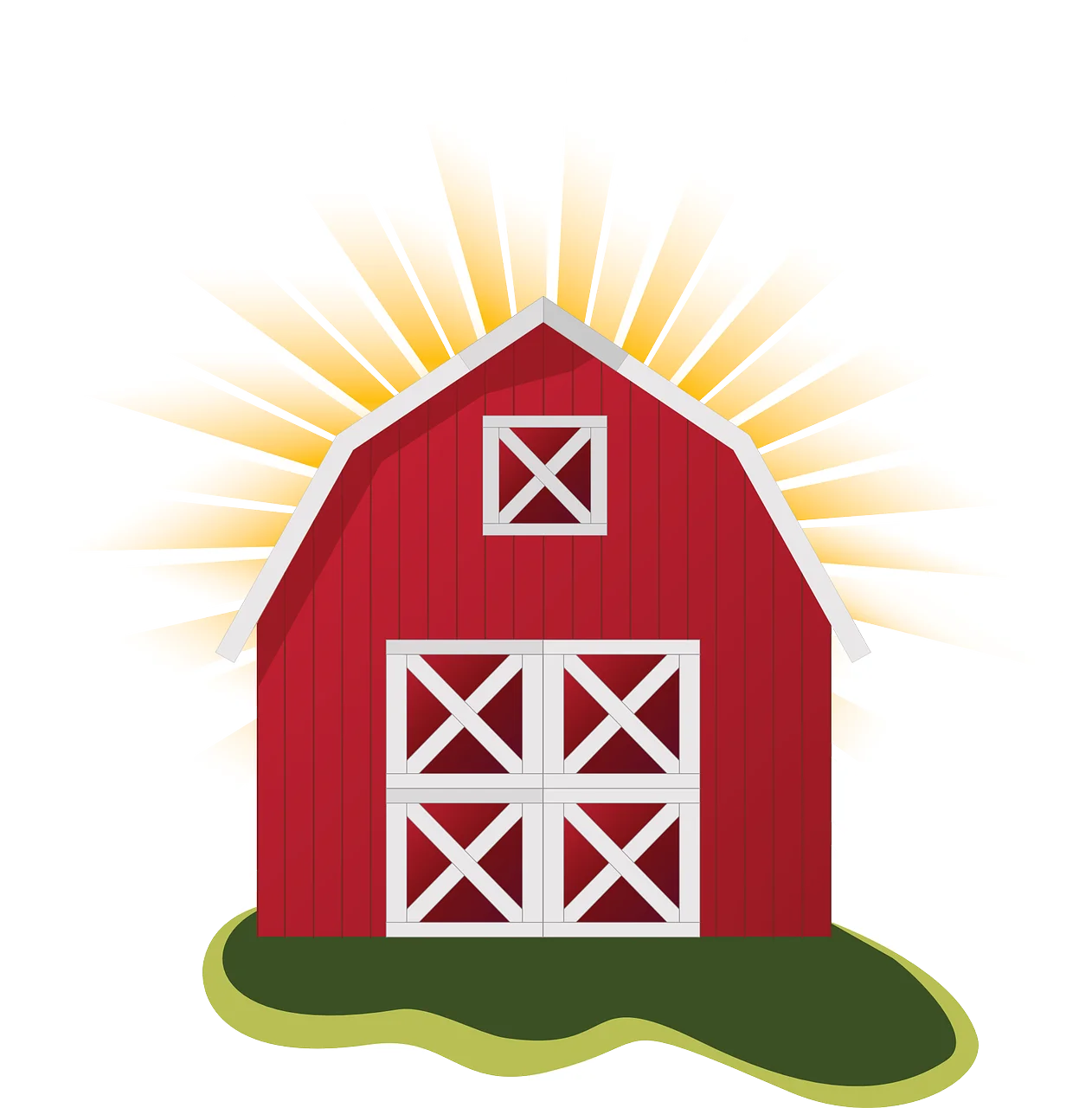 Classic Red Countryside Barn Clipart with Sunshine and Grassy Landscape