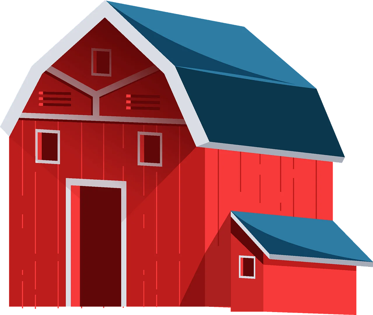 Classic Red Wooden Barn Clipart with Gambrel Roof and Charming Rural Architecture