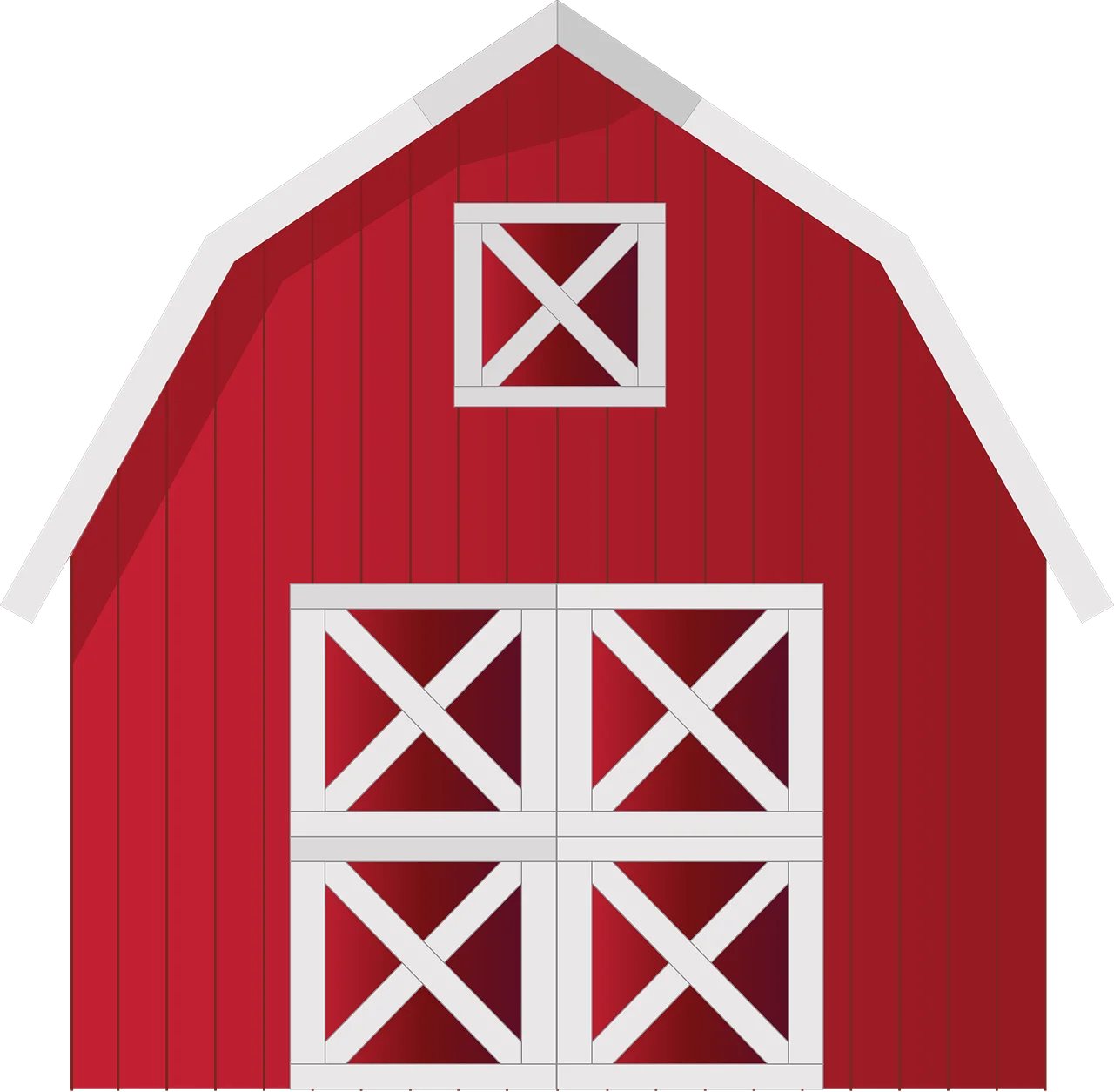 Classic Red Wooden Barn Clipart with White Cross-Braced Doors and Windows