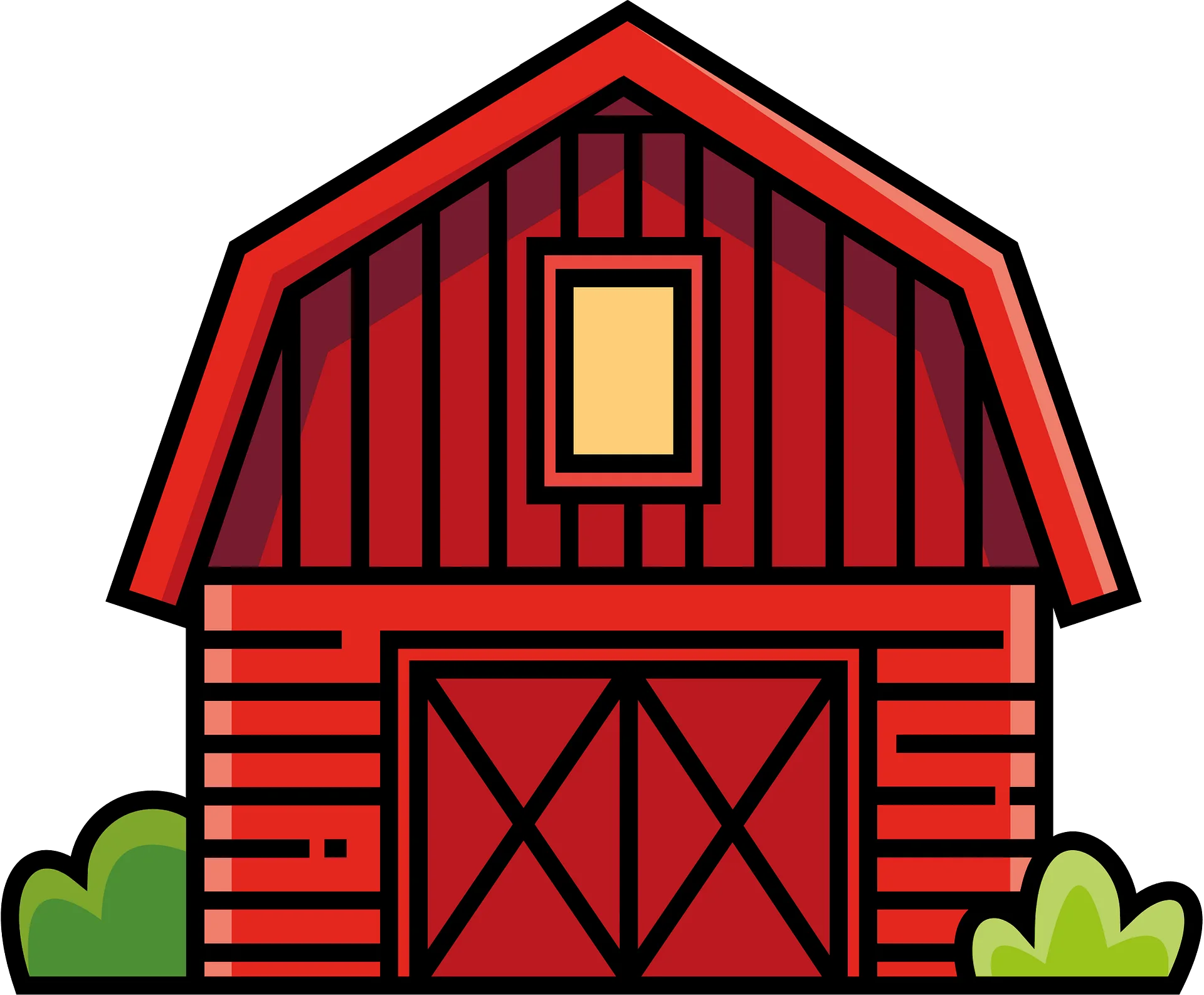 Classic Red Wooden Farm Barn Clipart with Gambrel Roof and Rustic Design