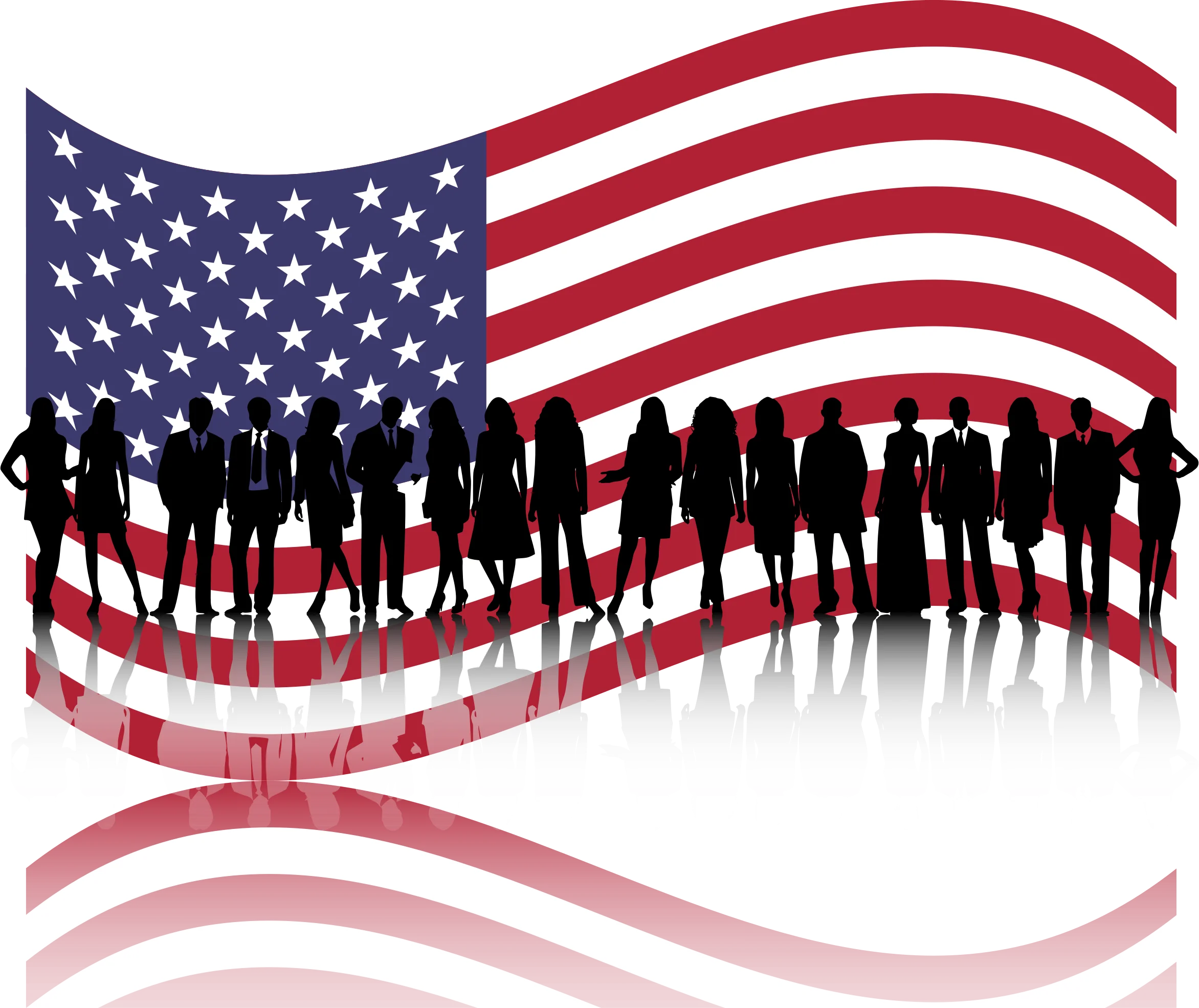 Diverse American Unity Silhouettes Waving Flag Patriotic Clipart Design