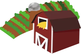 Rustic Red Barn Clipart Illustration with Farmland and Silo Landscape