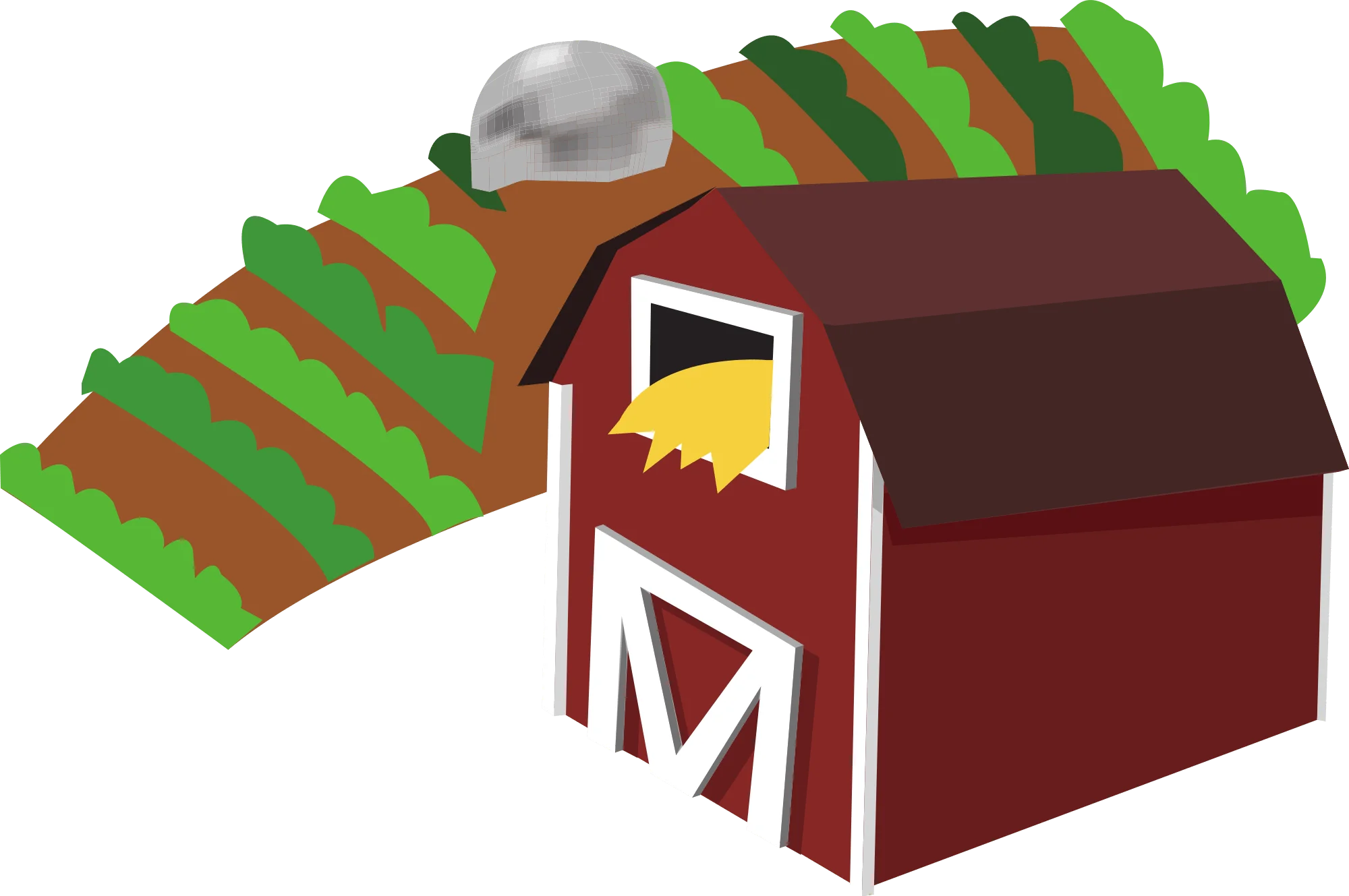 Rustic Red Barn Clipart Illustration with Farmland and Silo Landscape
