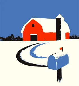Rustic Rural Charm: Classic Red Barn and Mailbox Winter Landscape Clipart Scene