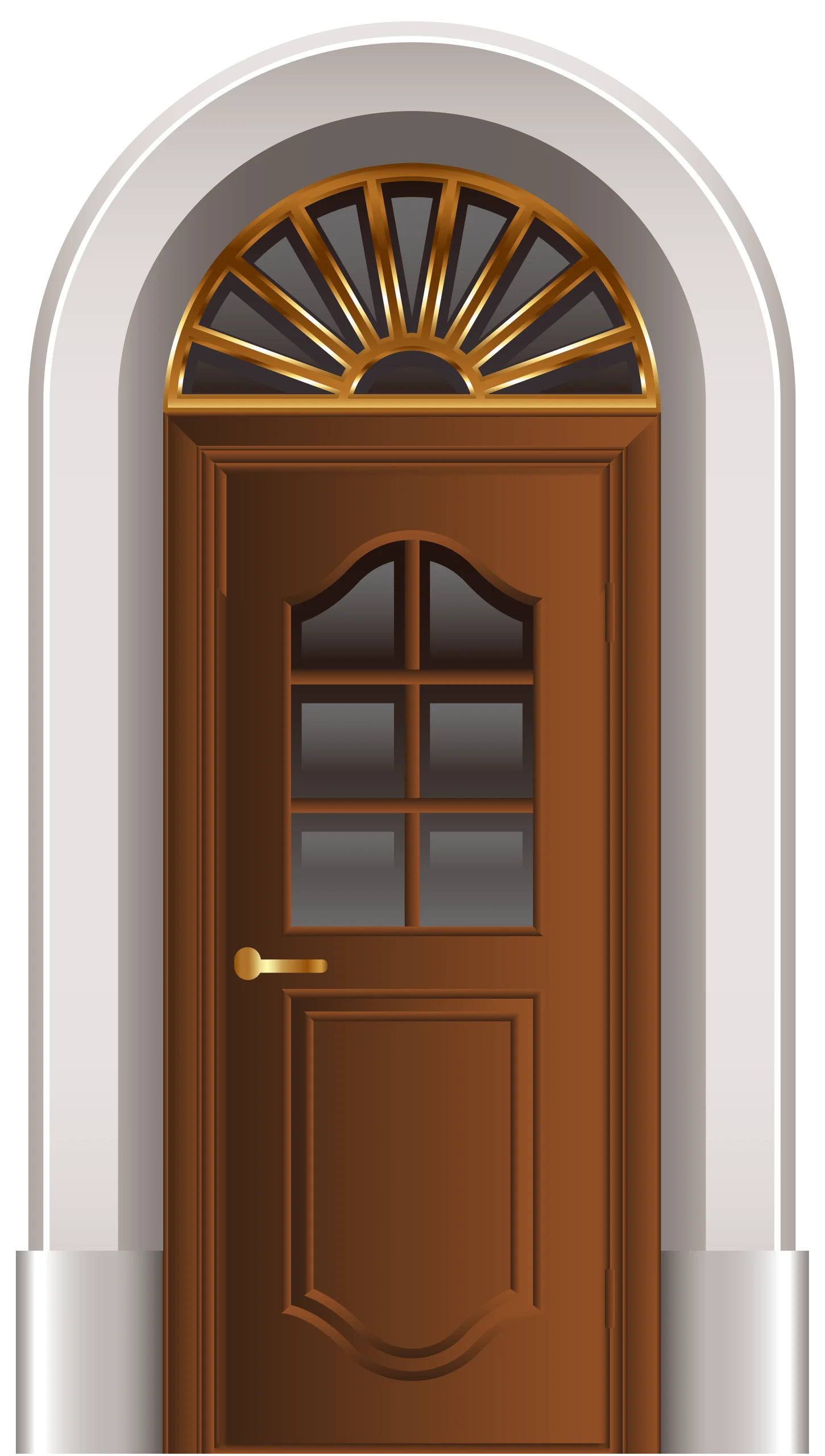 Classic Wooden Arched Doorway Clipart with Elegant Sunburst Transom Window