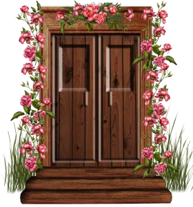 Rustic Wooden Door Clipart Adorned with Blossoming Pink Floral Vines