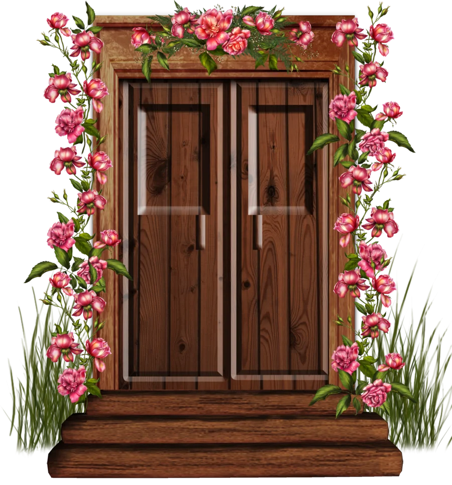 Rustic Wooden Door Clipart Adorned with Blossoming Pink Floral Vines