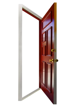 Classic Wooden Open Door Clipart with Elegant White Frame and Polished Brass Handles