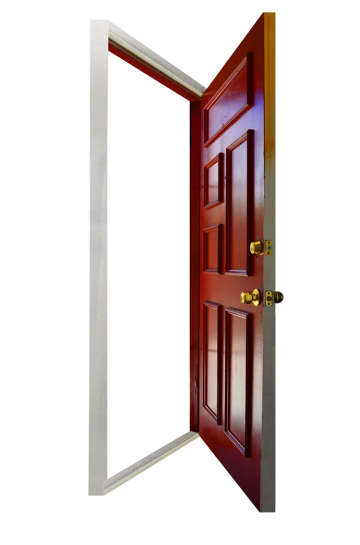 Classic Wooden Open Door Clipart with Elegant White Frame and Polished Brass Handles