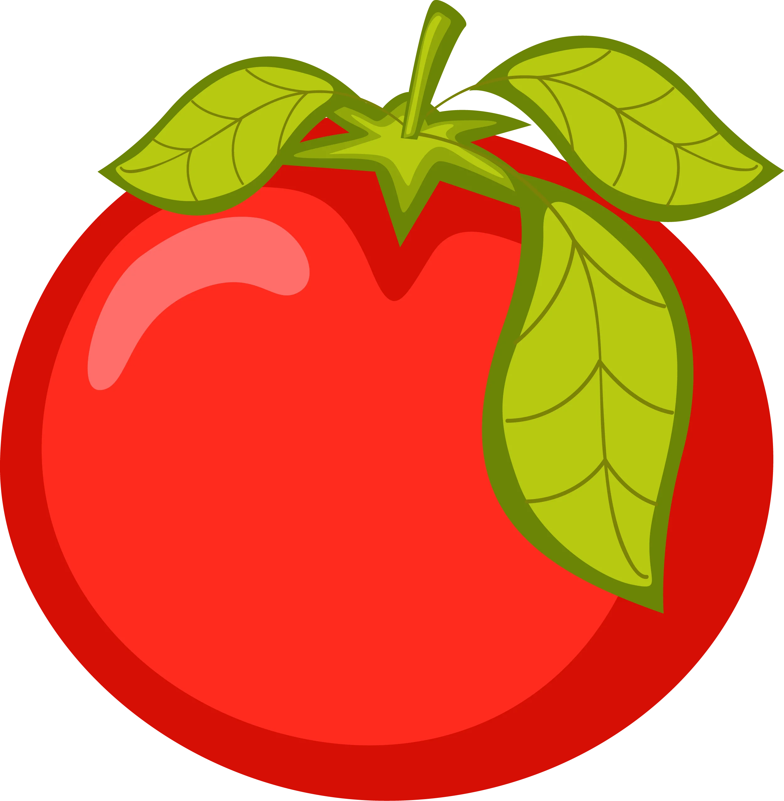 Juicy Red Ripe Tomato with Fresh Green Leaves Cartoon Clipart Illustration