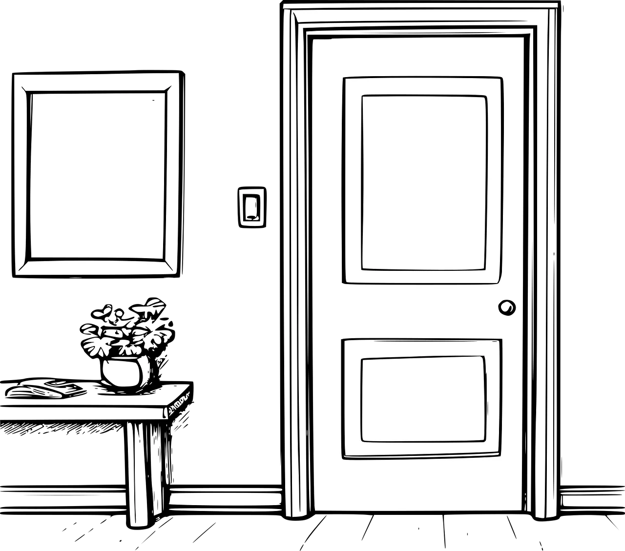 Minimalist Interior Sketch Showcasing Wooden Door and Decor Clipart Design