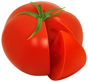 Realistic Red Ripe Tomato Clipart with Smooth Curved Slice and Green Stem