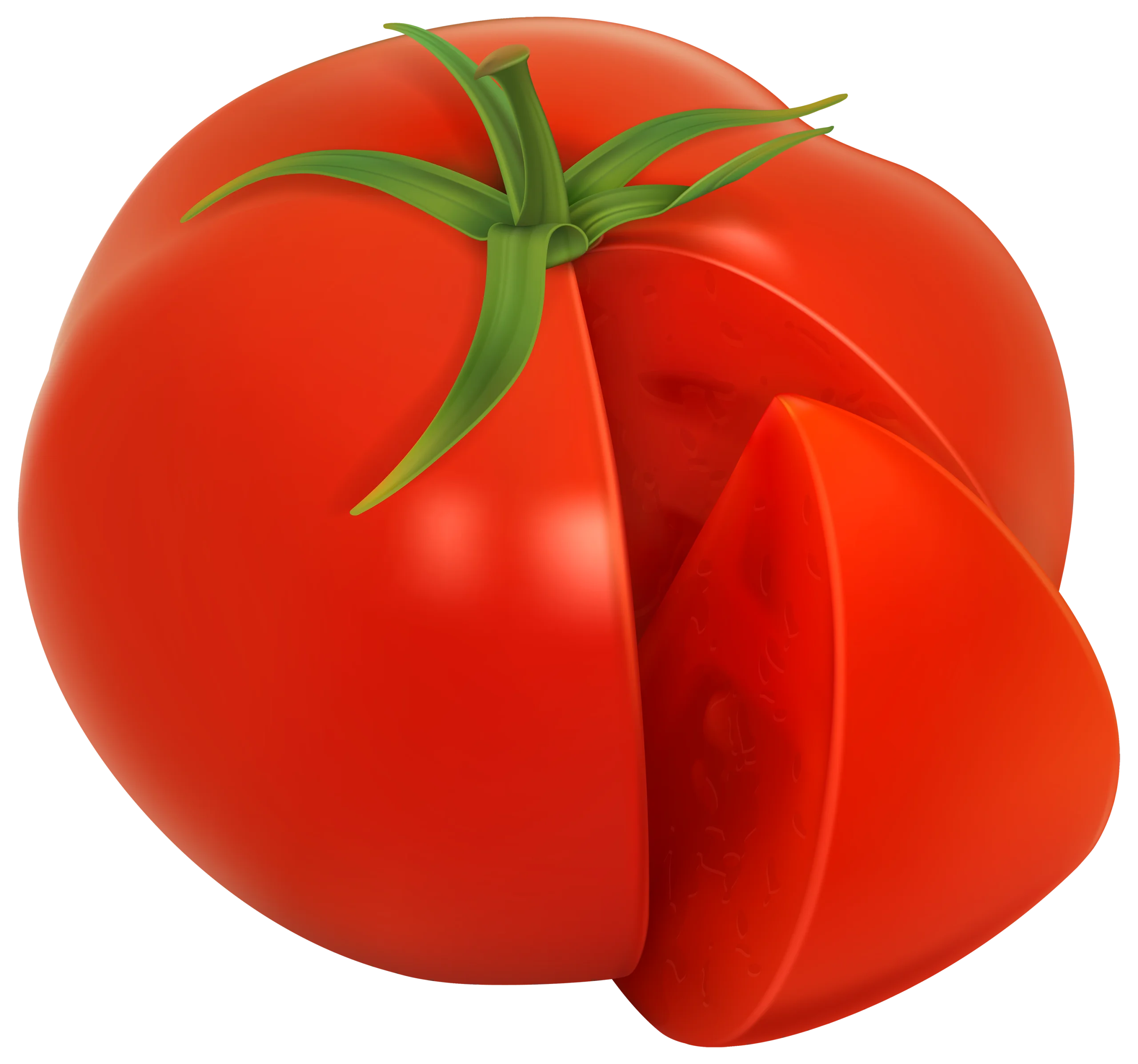 Realistic Red Ripe Tomato Clipart with Smooth Curved Slice and Green Stem
