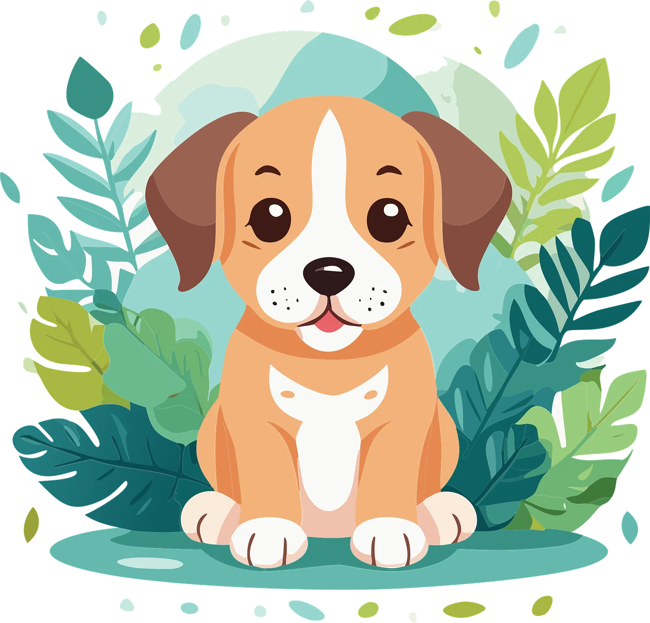 Adorable Puppy Sitting Amidst Lush Green Leaves Cartoon Clipart Illustration
