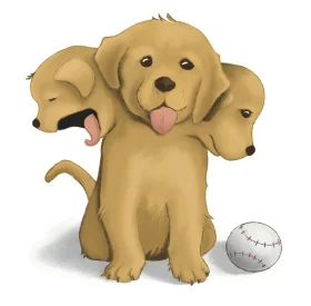 Adorable Three-Headed Golden Puppy Clipart with Playful Baseball Companion