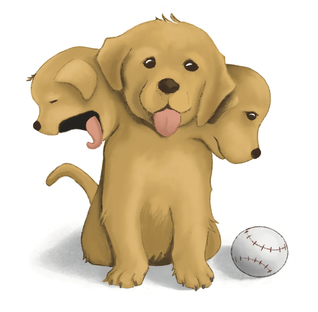Adorable Three-Headed Golden Puppy Clipart with Playful Baseball Companion