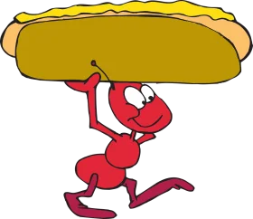 Cheerful Red Ant Carrying Oversized Hot Dog Clipart Illustration