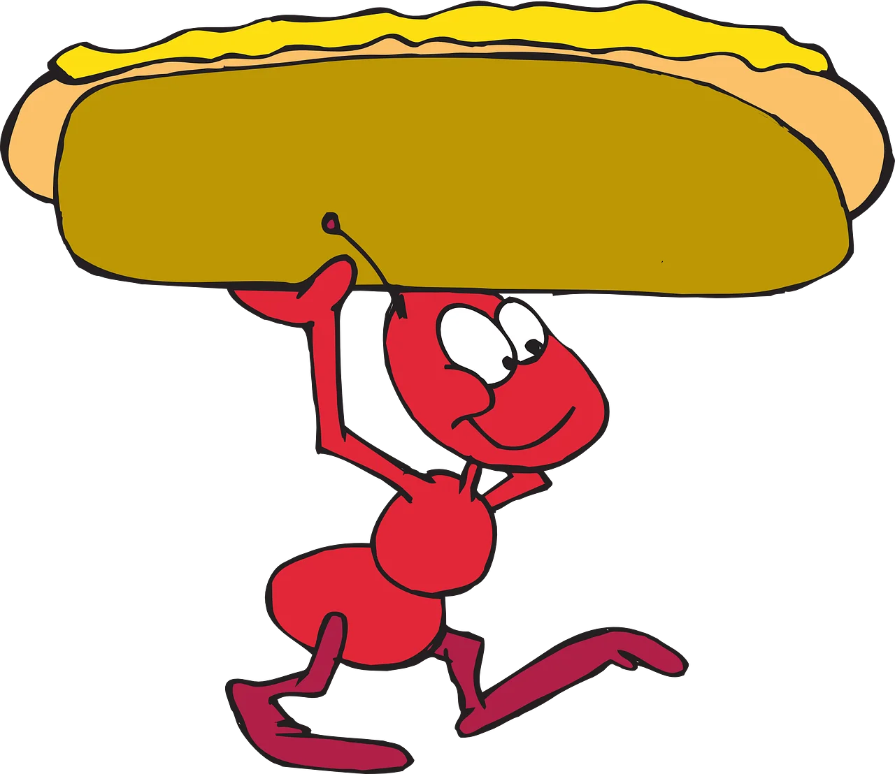 Cheerful Red Ant Carrying Oversized Hot Dog Clipart Illustration