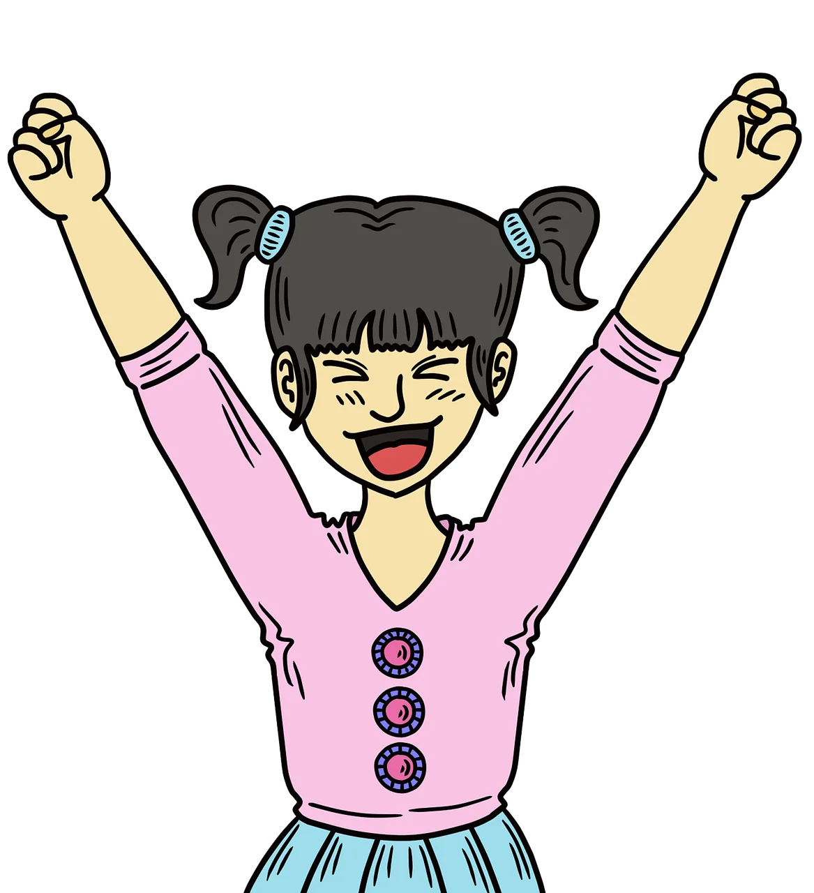 Cheerful Young Girl Celebrating with Raised Arms Cartoon Clipart Illustration